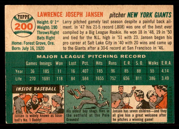 1954 Topps Baseball #200 Larry Jansen Giants EX-MT 550120