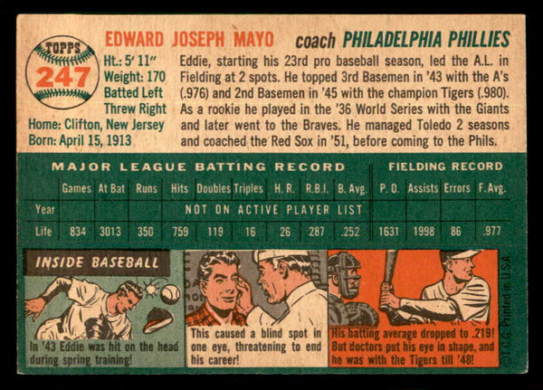 1954 Topps Baseball #247 Eddie Mayo Phillies EX-MT 550175