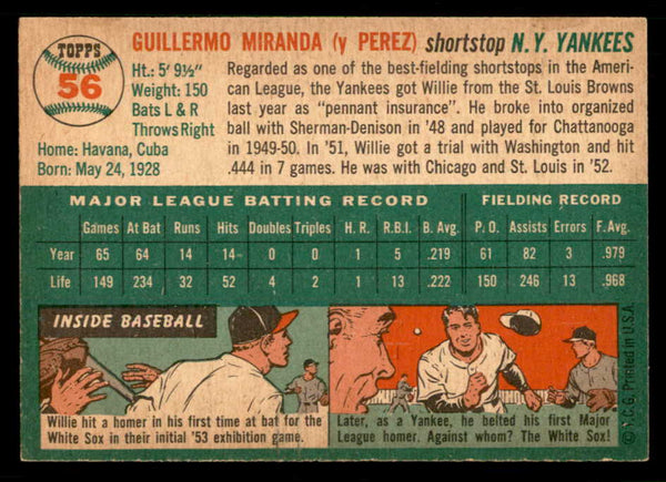 1954 Topps Baseball #056 Willie Miranda Yankees EX-MT 550187