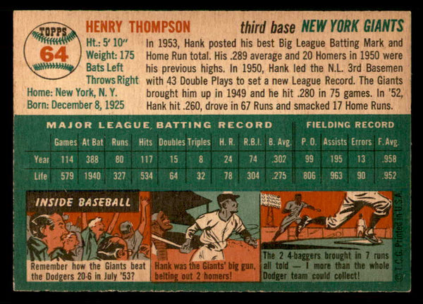 1954 Topps Baseball #064 Hank Thompson Giants EX-MT 550193