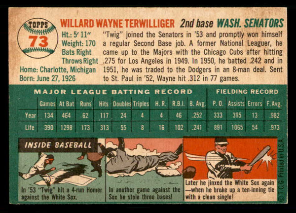 1954 Topps Baseball #073 Wayne Terwilliger Senators EX-MT 550200