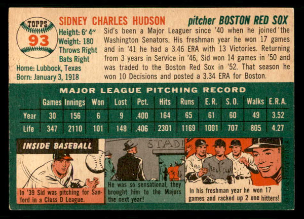 1954 Topps Baseball #093 Sid Hudson Red Sox EX-MT 550211