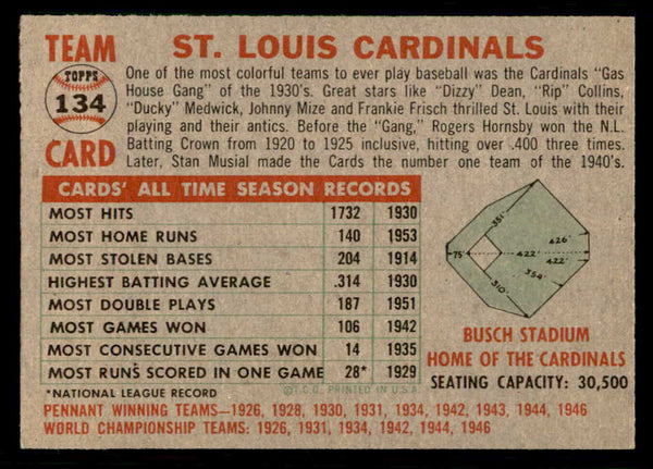 1956 Topps Baseball #134 St. Louis Cardinals Team EX-MT Gray 550219