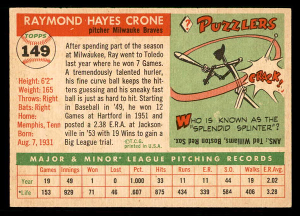 1955 Topps Baseball #149 Ray Crone Braves EX-MT 550223