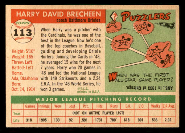1955 Topps Baseball #113 Harry Brecheen Orioles EX-MT 550224