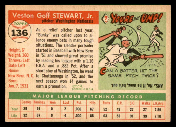 1955 Topps Baseball #136 Bunky Stewart Senators EX-MT 550231