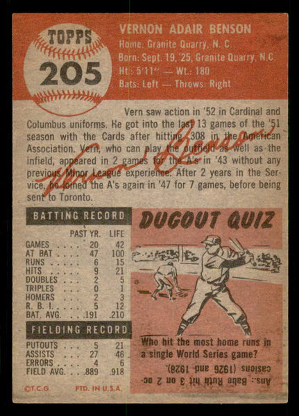 1953 Topps Baseball #205 Vern Benson Cardinals EX-MT 550248