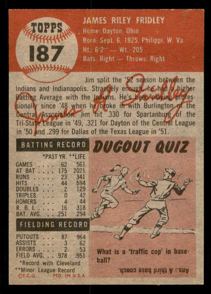 1953 Topps Baseball #187 Jim Fridley Indians EX-MT 550250