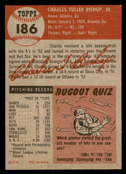 1953 Topps Baseball #186 Charlie Bishop A�S EX-MT 550251