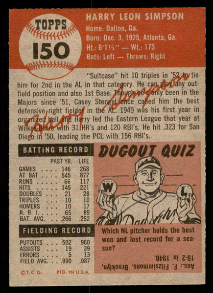 1953 Topps Baseball #150 Harry Simpson Indians EX-MT 550267