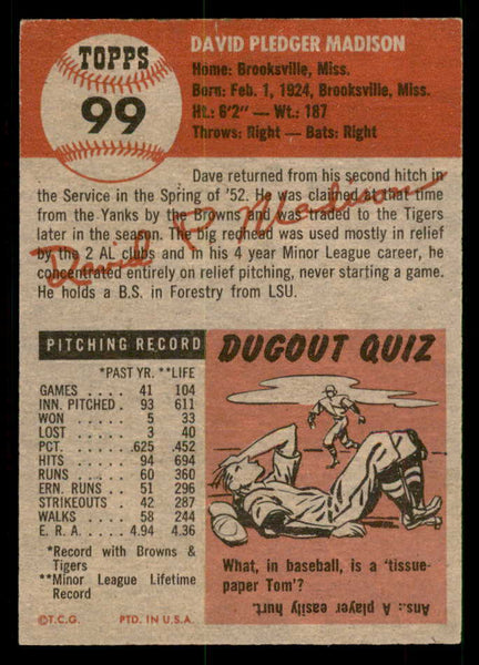 1953 Topps Baseball #099 Dave Madison Tigers EX-MT 550296