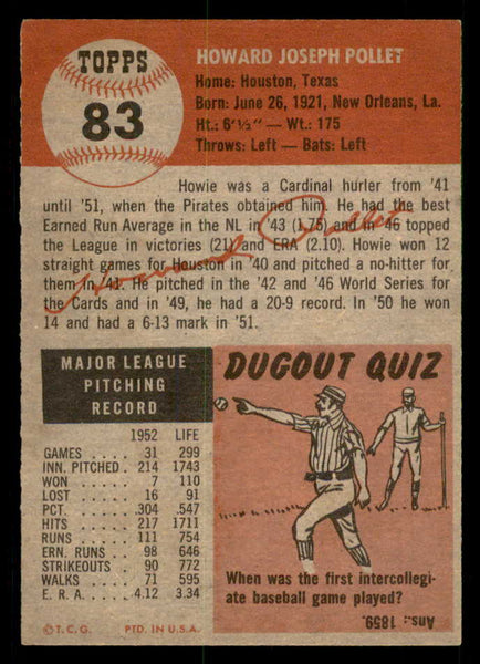1953 Topps Baseball #083 Howie Pollet Pirates EX-MT 550305