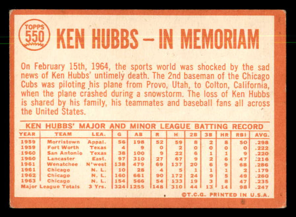 1964 Topps Baseball #550 Ken Hubbs Cubs VG-EX 550319