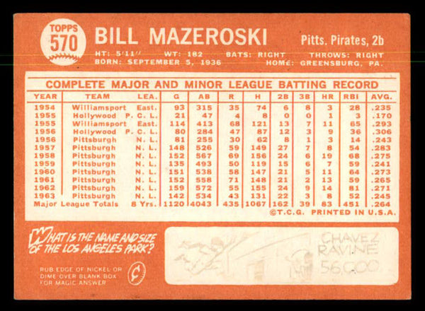 1964 Topps Baseball #570 Bill Mazeroski Pirates VG-EX 550320