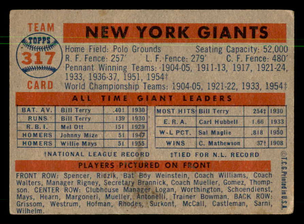 1957 Topps Baseball #317 New York Giants Team VG 550326
