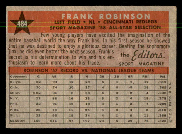 1958 Topps Baseball #484 Frank Robinson A.S. Reds VG 550327