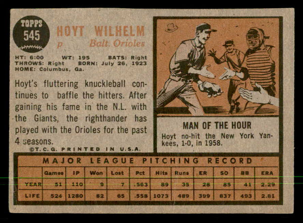 1962 Topps Baseball #545 Hoyt Wilhelm Orioles VG 550328
