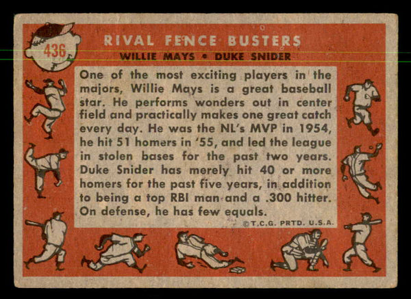 1958 Topps Baseball #436 Willie Mays Duke Snider VG 550333