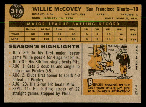 1960 Topps Baseball #316 Willie McCovey Giants VG-EX 550348