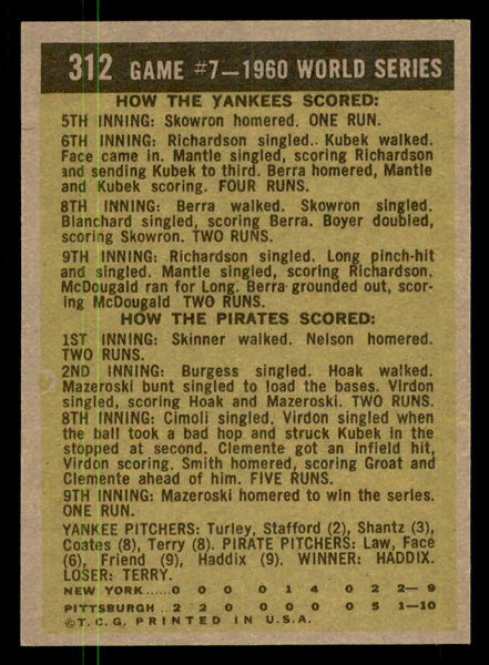 1961 Topps Baseball #312 World Series Game 7 Bill Mazeroski VG-EX 550350