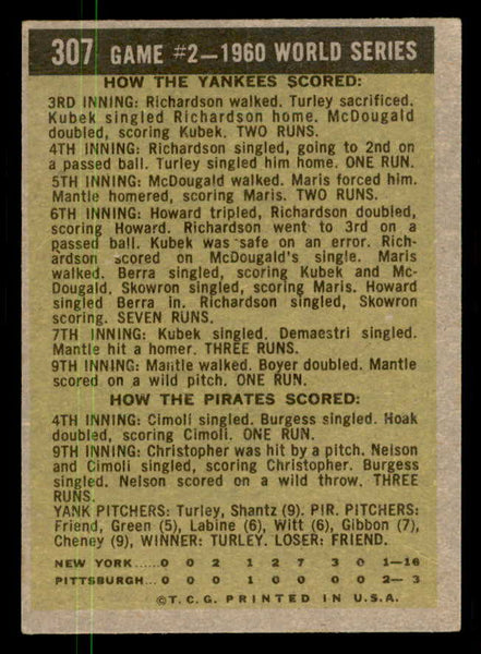 1961 Topps Baseball #307 World Series Game 2 Mickey Mantle VG-EX 550354
