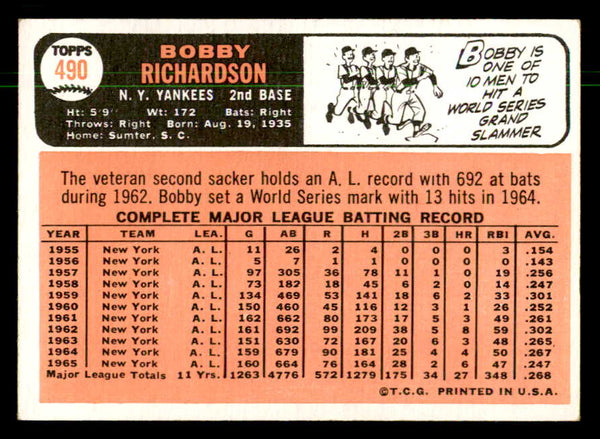 1966 Topps Baseball #490 Bobby Richardson Yankees NR-MT 550357
