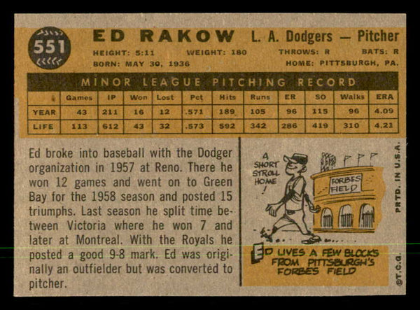 1960 Topps Baseball #551 Ed Rakow Dodgers NR-MT 550377
