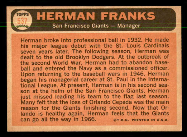 1966 Topps Baseball #537 Herman Franks Giants NR-MT 550381