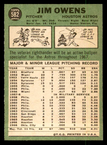 1967 Topps Baseball #582 Jim Owens Astros NR-MT 550411
