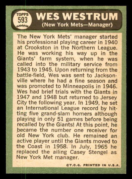 1967 Topps Baseball #593 Wes Westrum Mets NR-MT 550419