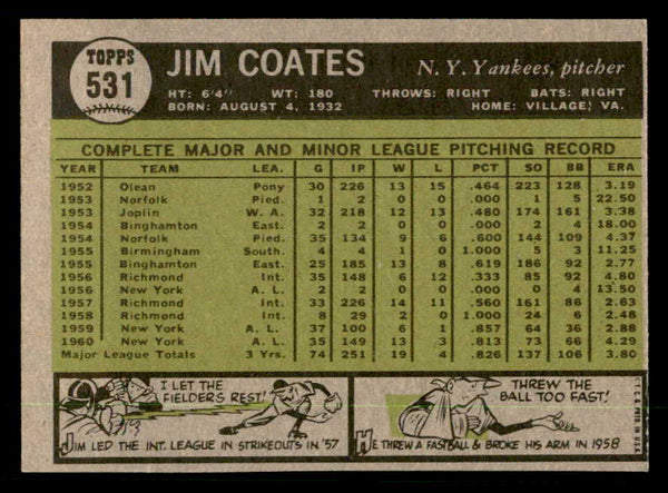 1961 Topps Baseball #531 Jim Coates Yankees EX-MT 550452