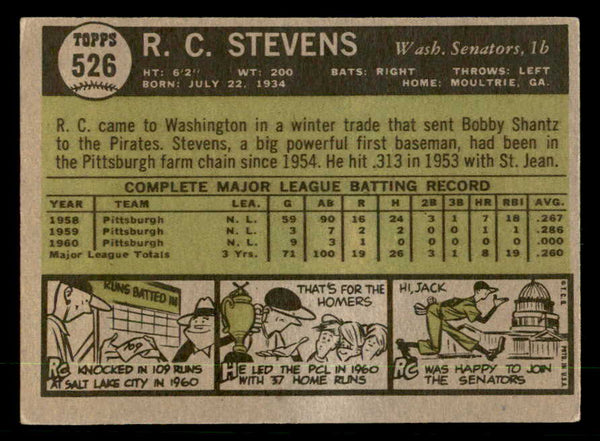 1961 Topps Baseball #526 R.C. Stevens Senators EX-MT 550456