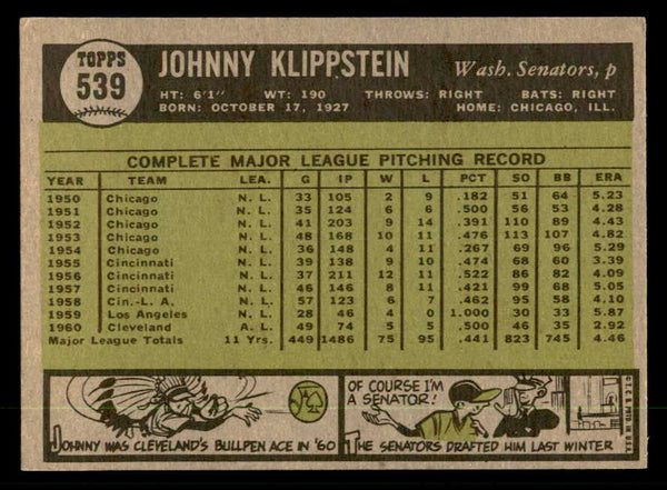 1961 Topps Baseball #539 Johnny Klippstein Senators EX-MT 550457