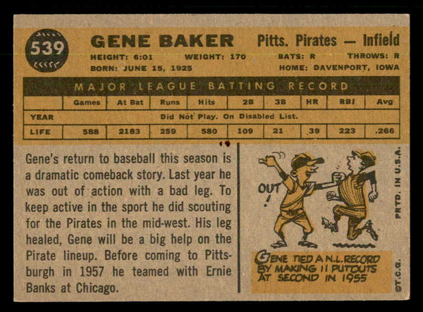 1960 Topps Baseball #539 Gene Baker Pirates EX-MT 550465