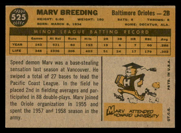 1960 Topps Baseball #525 Marv Breeding Orioles EX-MT 550483