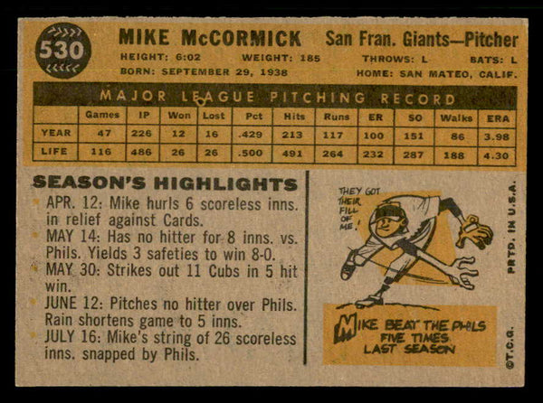 1960 Topps Baseball #530 Mike McCormick Giants EX-MT 550486