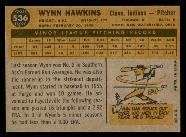 1960 Topps Baseball #536 Wynn Hawkins Indians EX-MT 550492