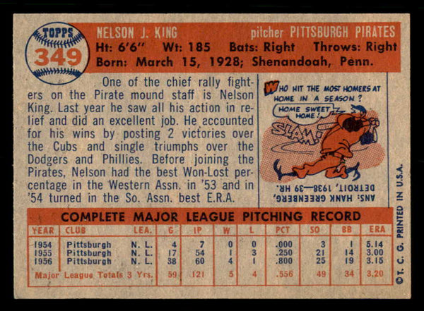1957 Topps Baseball #349 Nelson King Pirates EX-MT 550576