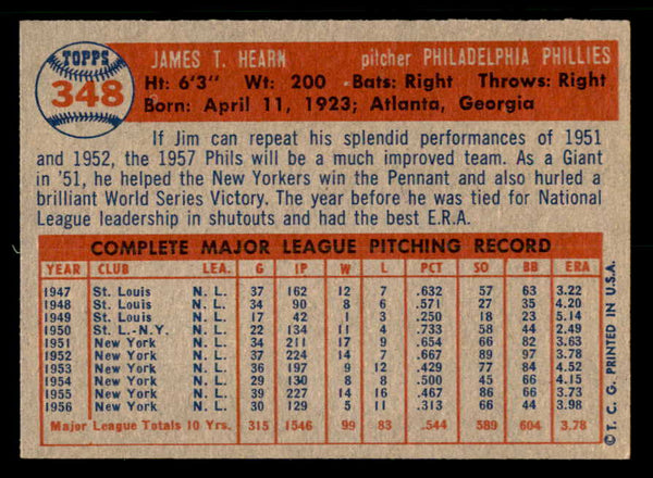 1957 Topps Baseball #348 Jim Hearn Phillies EX-MT 550577