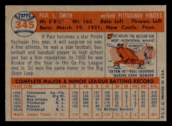 1957 Topps Baseball #345 Paul Smith Pirates EX-MT 550578