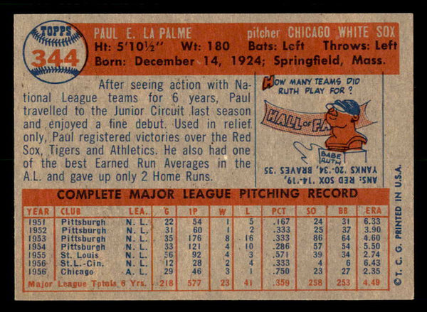 1957 Topps Baseball #344 Paul Lapalme White Sox EX-MT 550579