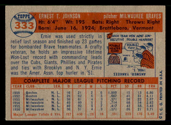1957 Topps Baseball #333 Ernie Johnson Braves EX-MT 550585