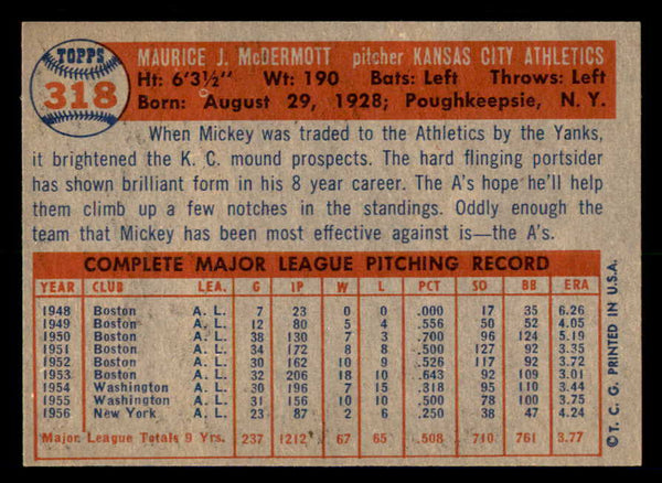 1957 Topps Baseball #318 Mickey McDermott A's EX-MT 550592