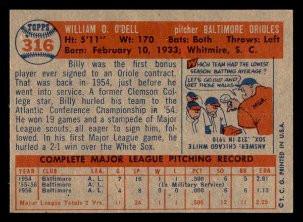 1957 Topps Baseball #316 Billy O'Dell Orioles EX-MT 550593