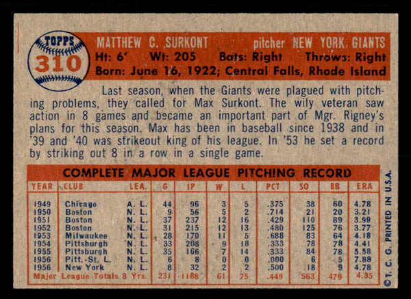 1957 Topps Baseball #310 Max Surkont Giants EX-MT 550596