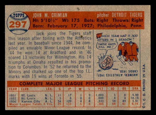 1957 Topps Baseball #297 Jack Crimian Tigers EX-MT 550600