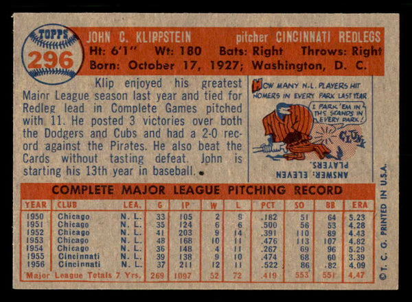 1957 Topps Baseball #296 Johnny Klippstein Reds EX-MT 550601