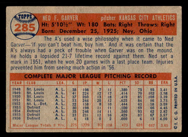 1957 Topps Baseball #285 Ned Garver A's EX-MT 550605