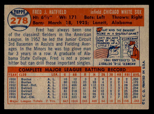 1957 Topps Baseball #278 Fred Hatfield White Sox EX-MT 550608