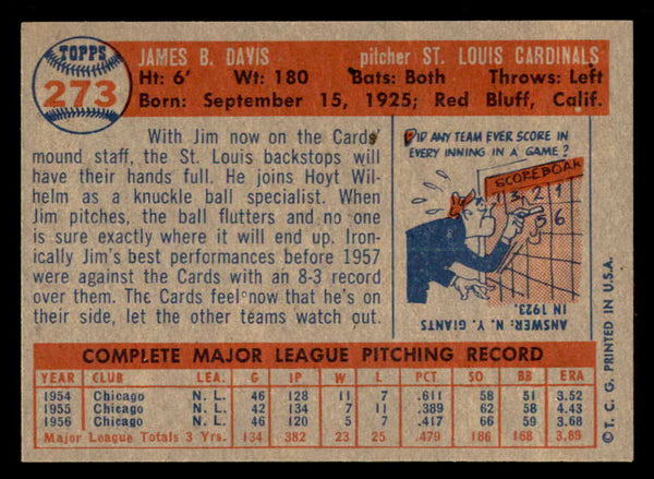 1957 Topps Baseball #273 Jim Davis Cardinals EX-MT 550610